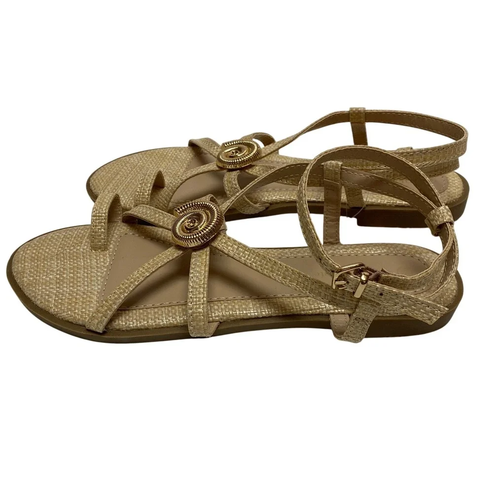 Olivia & Kate Women Beige Raffia Strappy Flat Sandals Shell Medallion 7.5 NWT